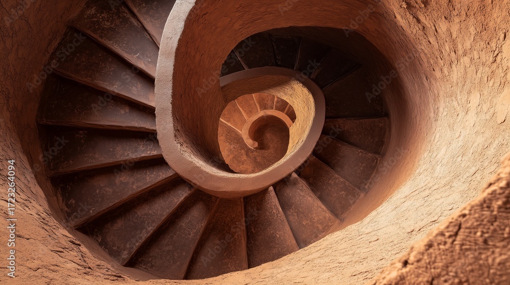 Fototapeta premium Stunning spiral staircase crafted from earthy tones and natural materials, inviting exploration in a tranquil setting