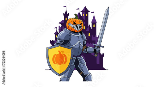 Pumpkin Knight: A formidable pumpkin-headed knight, clad in shining armor, stands ready with sword and shield before a spooky castle.