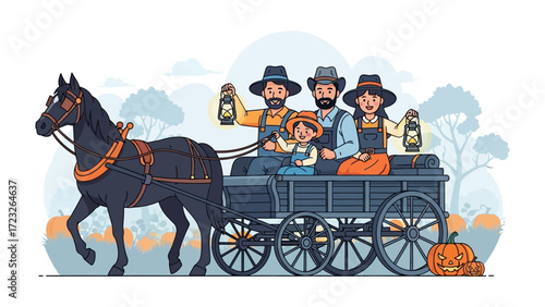 Pumpkin Patch Journey: A family, illuminated by lantern light, embarks on a hayride through a cartoon pumpkin patch in an appealing illustration. Capturing the cozy autumn vibe.