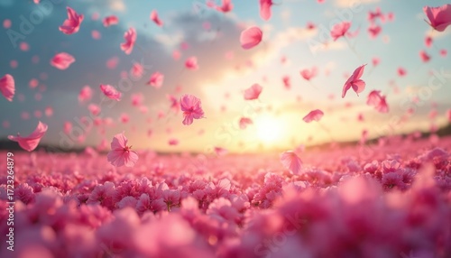 Pink petals fall on pink flower field at sunset. Flying petals in dreamy garden. Romantic spring landscape, soft floral scenic. Love, nature background with gentle falling blossom. Vibrant colorful