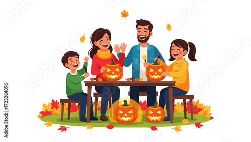 Halloween Family Pumpkin Carving: A spirited family carves pumpkins together, embracing the spooky joy and togetherness of Halloween season. This scene depicts laughter, creativity.