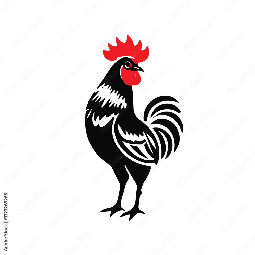 Fototapeta premium Bold and striking black rooster icon with a vibrant red comb and tail feathers, standing proudly against a white background