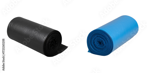 Roll of blue garbage bags on a transparent background.. Roll of black garbage bags on a transparent background. Cleaning. Household. Supermarket.