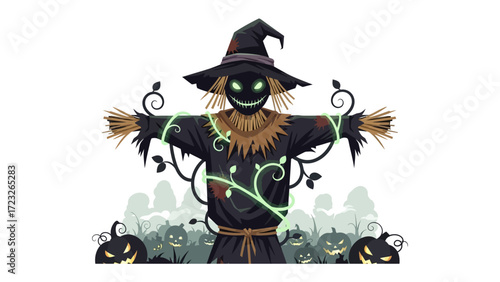 Scary Scarecrow: A Halloween scarecrow with a wicked smile and glowing eyes, decorated with ominous vine, stands amidst a haunting pumpkin patch, evoking a sense of spooky mystery.