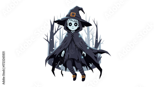 Spooky Witch in the forest: A whimsical and mysterious illustration of a young witch with a dark cloak and hat, floating in a mystical forest, evoking an atmosphere of magic and enchantment.