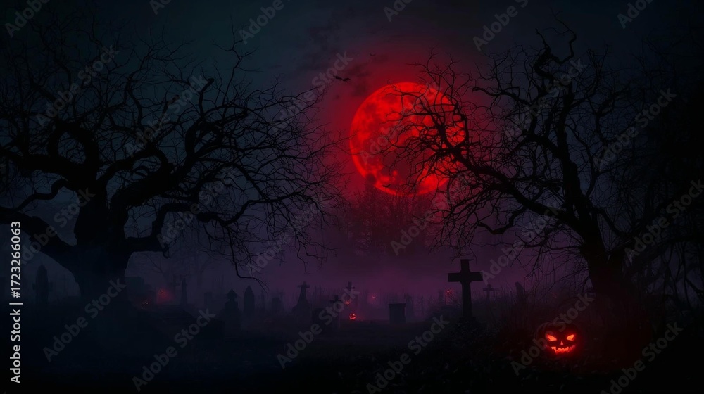 Fototapeta premium Spooky halloween night with a blood moon and silhouetted trees