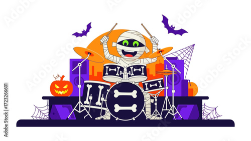 Halloween Mummy Drummer: A lively cartoon mummy drummer rocks out on stage, complete with bats, cobwebs, and pumpkins. This vector illustration captures the playful spirit of Halloween.