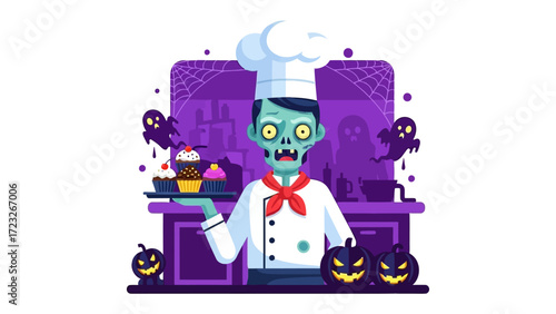 Spooky Chef and His Sweet Treats: A cartoon illustration depicts a zombie chef, complete with chef hat and undead visage, presenting a platter of cupcakes.