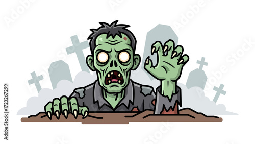 Zombie from the Grave: A spooky zombie emerges from its grave, eyes glowing, reaching towards the viewer in a cartoonish illustration of undead horror. 