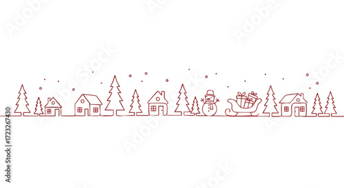 Charming minimalist Christmas village scene with festive trees, cozy homes, a cheerful snowman, and a gift-laden sleigh in delightful red outline