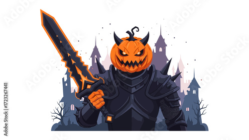 Halloween Pumpkin Knight: A fearsome pumpkin-headed knight, wielding a fiery sword, stands before a spooky castle, embodying the spirit of Halloween and all things sinister.