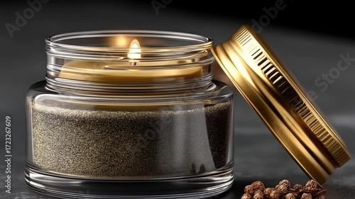 Small candle in glass jar