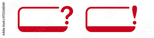 Red question mark and exclamation point in rounded frames.