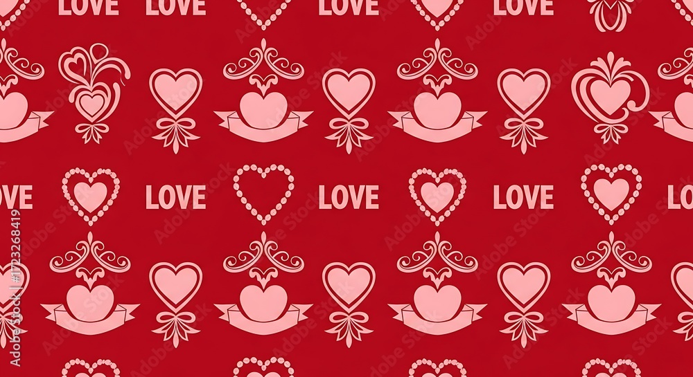 Seamless romantic pattern with ornate hearts and the word love on a red background. Seamless romantic pattern with ornate hearts and the word love on a red background.