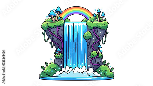 Cute cartoon waterfall scene with rainbow, mushrooms, and greenery