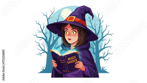 Enchanting Witch Reading Spellbook: A young witch, eyes wide with wonder, reads a glowing spellbook beneath a luminous moon in a mystical forest. Magic radiates.