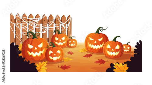 Spooky Pumpkin Patch: A Halloween scene featuring a grinning pumpkin patch, with glowing faces illuminating the night, set against a rustic wooden fence, conveying the thrill of Halloween spirit.