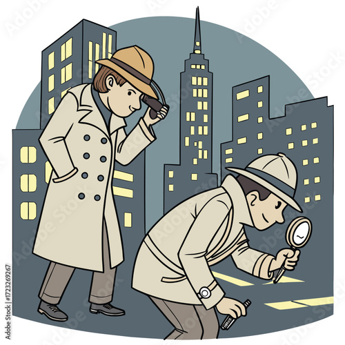 Whimsical emoji detectives collaborate to solve a perplexing mystery amidst a vibrant cityscape showcasing teamwork and deduction in a colorful urban setting