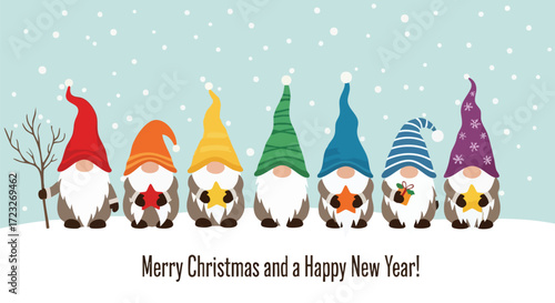 Festive Christmas gnomes in colorful hats wishing merry Christmas and happy new year, perfect for holiday greetings and cheerful winter projects