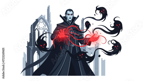 Sinister Sorcery: A mysterious figure, wreathed in darkness, orchestrates an eerie display of supernatural energy with menacing shadows and ominous expressions. 