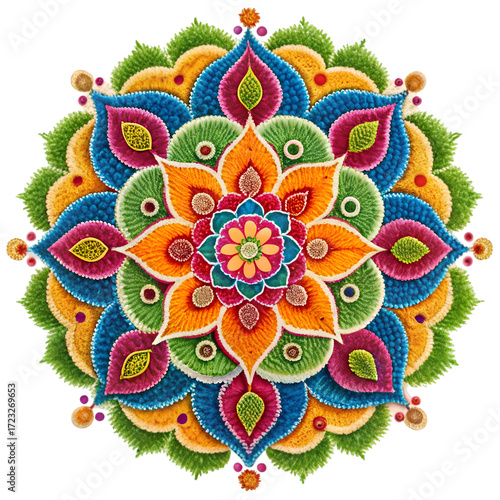 Colorful Floral Mandala Made of Flowers and Leaves on Black rangoli white