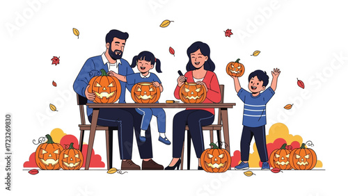 Happy Halloween with Family: A family creates cherished memories while carving pumpkins, embodying the spirit of the holiday season. With autumn leaves and jack-o'-lanterns.