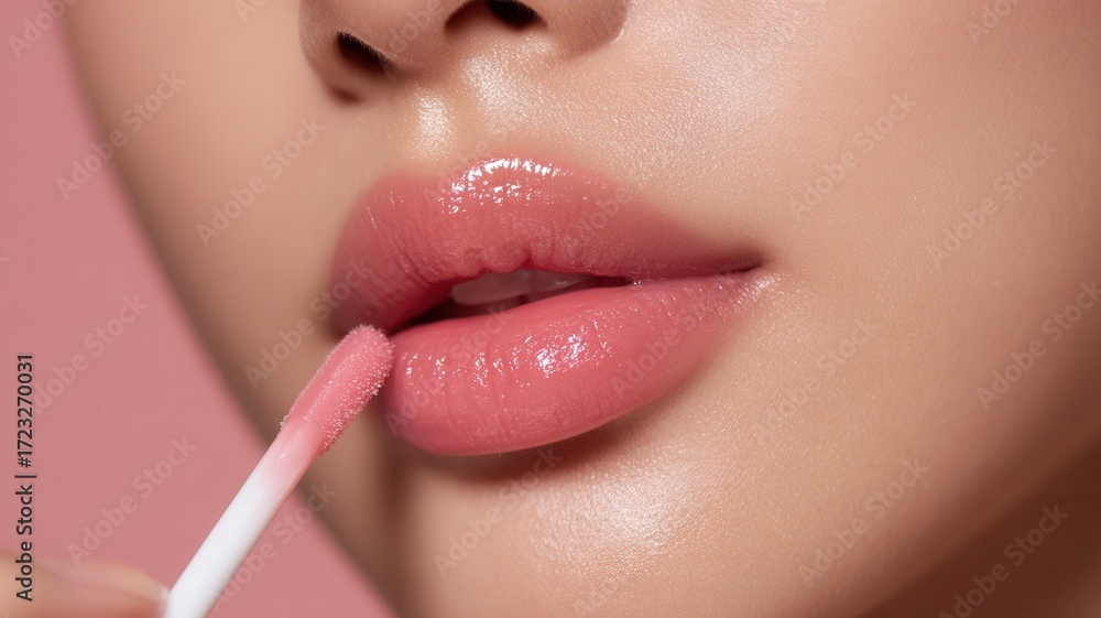 Naklejka premium Makeup brush applying glossy pink lipstick, revealing smooth texture and vivid color against soft pastel backdrop