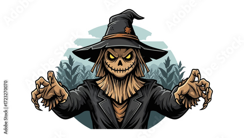 Creepy Scarecrow's Menacing Stance: A scarecrow illustration with a sinister appearance, radiating an eerie aura. The scarecrow's gaze captivates.