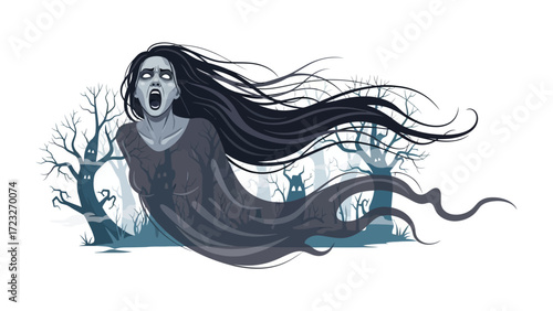Spooky Specter in the Eerie Woods: A spectral figure with long, flowing hair drifts through a haunted woodland, its ghastly form captured amidst the gnarled trees and an unsettling atmosphere.