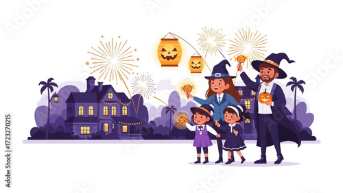 Happy Halloween Family Scene: A spirited family dressed in festive costumes joyfully celebrates Halloween, illuminating the night with jack-o'-lanterns, festive lanterns, fireworks.