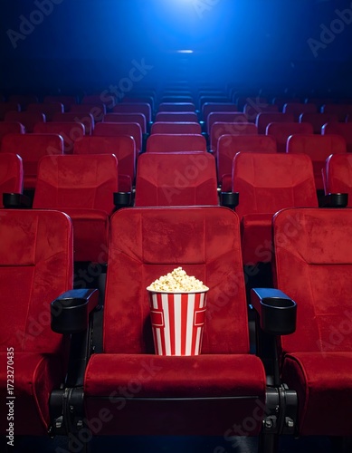 Empty movie theater auditorium with a popcorn bucket