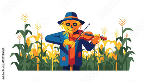 Cornfield's Serenade: An idyllic depiction of a scarecrow playing violin amidst a vibrant cornfield, celebrating the harvest season with a touch of whimsy.