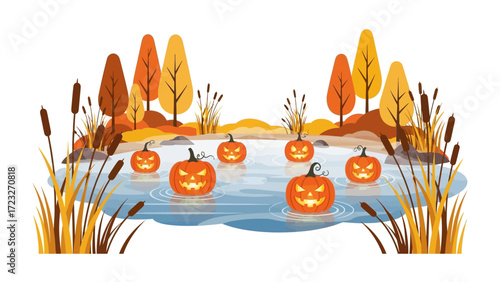 Spooky Halloween Scene: A spooky Halloween scene is set with carved pumpkins floating on a still lake, framed by the golden hues of autumn foliage.