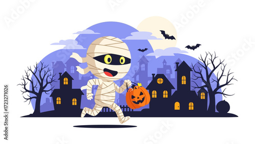 Halloween Mummy's Nighttime Stroll: An adorable mummy character gleefully navigates a spooky townscape under the eerie glow of a full moon. with a pumpkin treat.