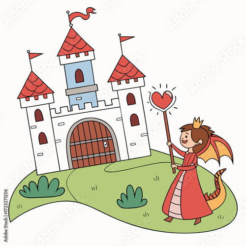 Enchanting fairytale scene featuring a majestic castle a friendly dragon and whimsical elements perfect for storybook illustrations and fantasy themed designs