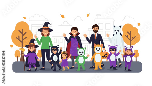 Halloween Joyride: An autumnal scene where a vibrant array of characters from the magical Halloween festival comes to life in a celebration, waving with the joy of the holiday season.