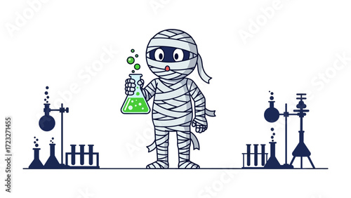 Mummy in Laboratory: A cartoon mummy holds a flask of bubbling, neon-green liquid in a laboratory setting, conveying an amusing and mysterious science theme.