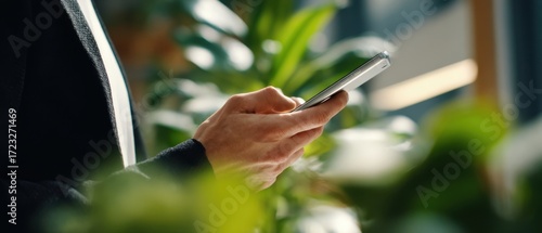 The hand holding a smartphone surrounded by lush green plants in an office setting
