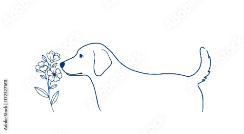 Dog Sniffing Flowers - Playful Canine in Nature - Simple Illustration - Minimalist Viewpoint