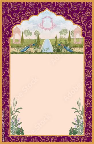 Elegant Indian Wedding Invitation Template with Floral Ornament and Peacock Design