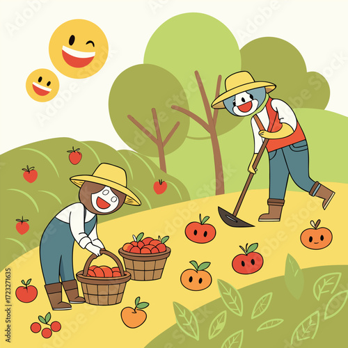 Joyful cartoon farmers happily harvesting a bountiful field of colorful emoji crops representing a successful and abundant harvest season