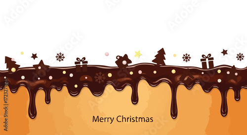Delightful Merry Christmas chocolate drip banner with gifts, trees, snowflakes, and stars for festive holiday promotions and sweet seasonal designs