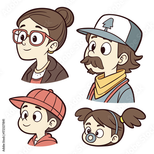 Diverse family portraits showcasing different ages and generations rendered as colorful vector illustrations for various design applications