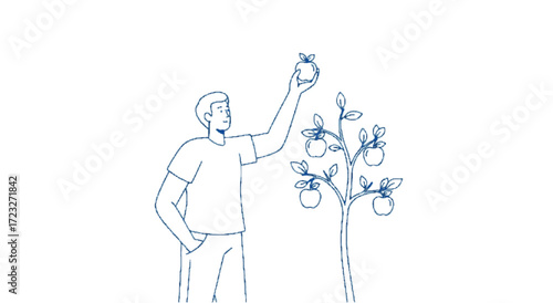 A Person Picking Apples from a Tree in a Minimalist Illustration Style