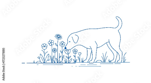 Dog Sniffing Flowers in a Natural Setting – Illustration – Playful Environment – Animal Exploration
