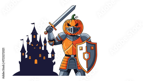 Halloween Pumpkin Knight: A spirited jack-o'-lantern knight with a majestic castle background. The bold illustration evokes a sense of courage and adventure, capturing the spirit of Halloween.