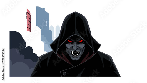 Mysterious Figure with Crimson Gaze: An enigmatic figure shrouded in a dark cloak with a piercing crimson gaze. Against a backdrop of shadowy cityscapes.