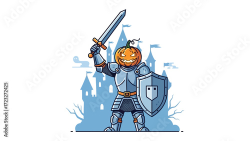 Pumpkin Knight on Duty: A vibrant illustration showcases a gallant pumpkin knight, brandishing a shining sword before a gothic castle, ready to defend its realm.