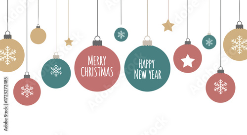 Festive ornaments with Merry Christmas and Happy New Year messages, perfect for seasonal greetings and celebrations