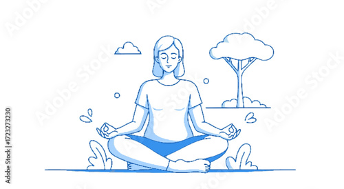 Meditation Practice, Woman, Tranquil Garden, Illustration, Serene Environment, Front View, Mindfulness Concept